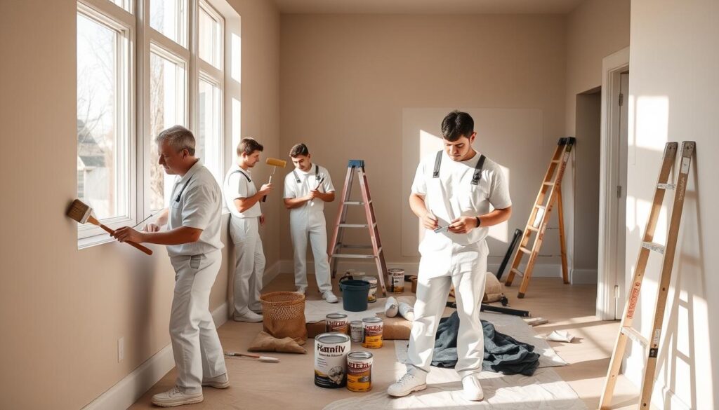 A crew of professional painters at work in a modern Calgary home, clad in crisp white overalls and wielding high-quality brushes and rollers. The scene is bathed in natural light from large windows, casting soft shadows across the walls they meticulously paint in a soothing, muted color palette. In the foreground, a painter carefully trims along the baseboards, while in the middle ground, others methodically roll paint onto the walls. The background is filled with the tools of their trade - paint cans, tarps, and ladders - all neatly organized. The overall atmosphere conveys the expertise and care these professionals bring to transforming a living space through the art of painting.