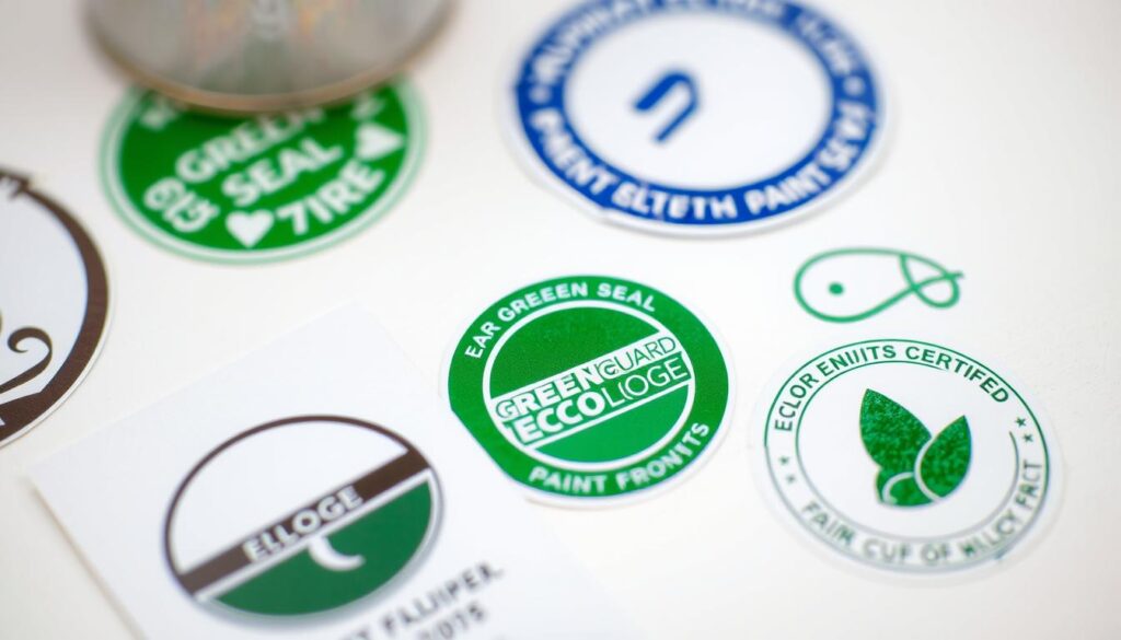 A detailed close-up shot of various eco-friendly paint certification seals and labels, including the Green Seal, GREENGUARD, and EcoLogo certifications, arranged neatly on a bright, clean background. The certifications are clearly visible, showcasing their distinct designs and logos. The lighting is soft and diffused, highlighting the textures and colors of the certification materials. The overall composition is balanced and symmetrical, conveying a sense of professionalism and trust in the eco-friendly credentials. The image has a hyper-realistic, high-resolution quality, capturing every nuance of the certifications.