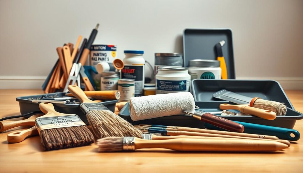 A detailed, high-resolution image of an assortment of professional painting tools, neatly arranged on a clean, well-lit wooden surface. In the foreground, there is a variety of high-quality paintbrushes, rollers, and trays, showcasing their textures and intricate details. In the middle ground, a selection of paint cans, primer, and other essential supplies are visible, conveying a sense of preparation and organization. The background features a soft, diffused lighting that creates a warm, inviting atmosphere, highlighting the craftsmanship and functionality of the tools. The overall composition emphasizes the importance of having the right equipment for a successful interior wall painting project.