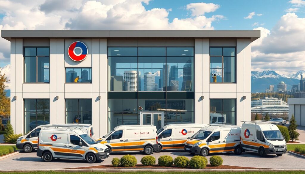 A detailed, hyper-realistic image of a professional painting company's headquarters in Calgary, Alberta. The scene shows the exterior of a modern, two-story building with large windows, clean lines, and a prominent company logo displayed prominently. The foreground features a fleet of well-maintained work vans in the company's signature colors, surrounded by neatly landscaped grounds. In the middle ground, skilled painters can be seen through the windows, carefully applying high-quality paints to the interior walls. The background depicts the vibrant cityscape of downtown Calgary, with iconic skyscrapers and the majestic Rocky Mountains in the distance. The overall mood conveys a sense of professionalism, expertise, and a commitment to delivering exceptional painting services to the community.