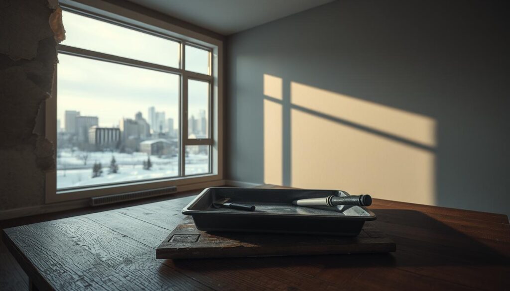 A detailed hyperrealistic interior scene depicting common wall painting problems encountered in Calgary homes. In the foreground, a close-up of a cracked and peeling paint surface, revealing the underlying drywall. In the middle ground, a painter's tray and tools sit on a weathered wooden table, casting long shadows. In the background, a large window overlooking a snowy Calgary skyline, with muted natural light filtering in. The overall mood is somber and contemplative, highlighting the challenges of preparing and maintaining interior walls in the harsh Calgary climate.