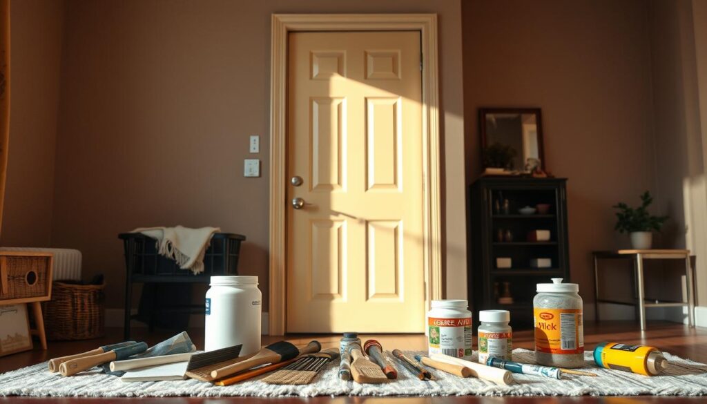 A door in a Calgary home, recently refurbished with a fresh coat of paint, stands proudly in the center of the frame. The door's surface gleams under the warm, natural lighting, showcasing its transformed appearance. In the foreground, an array of painting tools and supplies sit neatly, hinting at the meticulous process behind the transformation. The background features a cozy, inviting interior, with subtly textured walls and a hint of complementary decor, creating a harmonious and visually striking scene. The overall image conveys a sense of warmth, attention to detail, and the remarkable before-and-after effect of a well-executed door refurbishment project.