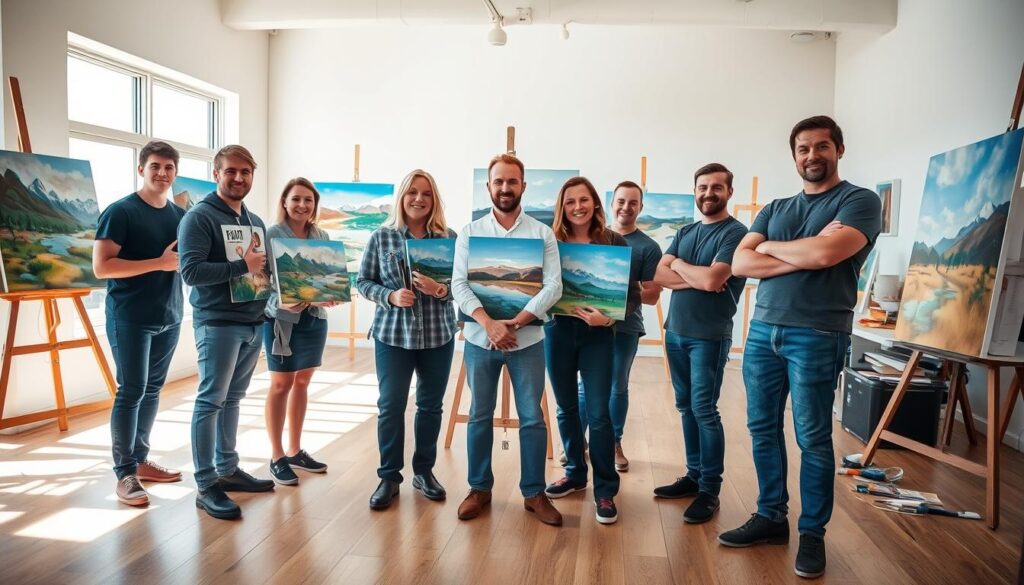 A group of top-rated, professional painters standing in a well-lit studio, their faces illuminated by natural light streaming through large windows. In the foreground, they hold various painting tools and brushes, their expressions focused and determined. In the middle ground, completed artworks of landscapes, portraits, and abstract compositions hang on the walls, showcasing their exceptional technical skills and diverse styles. The background features a clean, modern workspace with high ceilings, hardwood floors, and minimalist decor, creating a serene and inspiring atmosphere for their craft. The overall scene conveys the expertise, dedication, and creative vision of these sought-after Calgary painters, ready to transform any bedroom space with their exceptional talents.