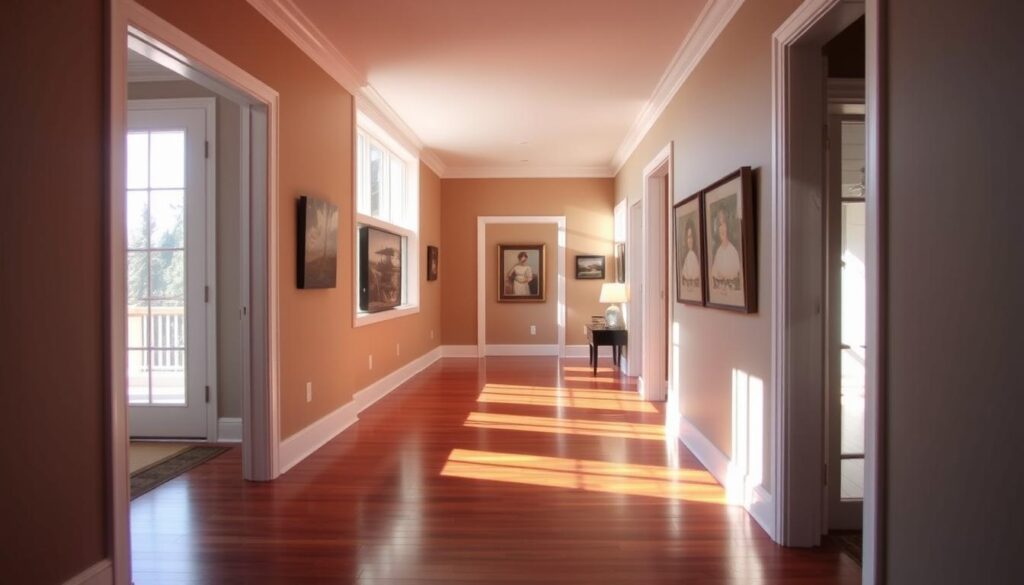 A hallway in a Calgary home, bathed in warm, natural light filtering through large windows. The walls are painted in a soft, earthy tone, complemented by crisp, white trim that frames the doorways and baseboards. The hardwood floor runs the length of the hall, its rich, reddish-brown hue adding depth and character. Artwork adorns the walls, casting intriguing shadows and reflections. The space is inviting and serene, a perfect canvas for showcasing the art of hallway painting in Calgary homes.