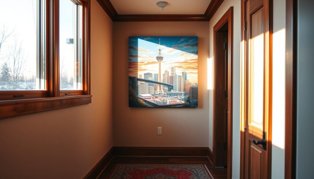 A hallway in a cozy Calgary home, bathed in warm, natural light streaming through large windows. The walls are adorned with a stunning oil painting, its vibrant colors and bold brushstrokes capturing the essence of the city's vibrant cultural scene. The painting's focal point is a striking cityscape, with the iconic Calgary Tower standing tall in the distance, surrounded by a bustling urban landscape. The hallway is lined with rich, wooden trim that complements the painting's earthy tones, creating a harmonious and inviting atmosphere. The scene is captured with a wide-angle lens, allowing the viewer to fully immerse themselves in the refined and sophisticated aesthetic of this Calgary home.