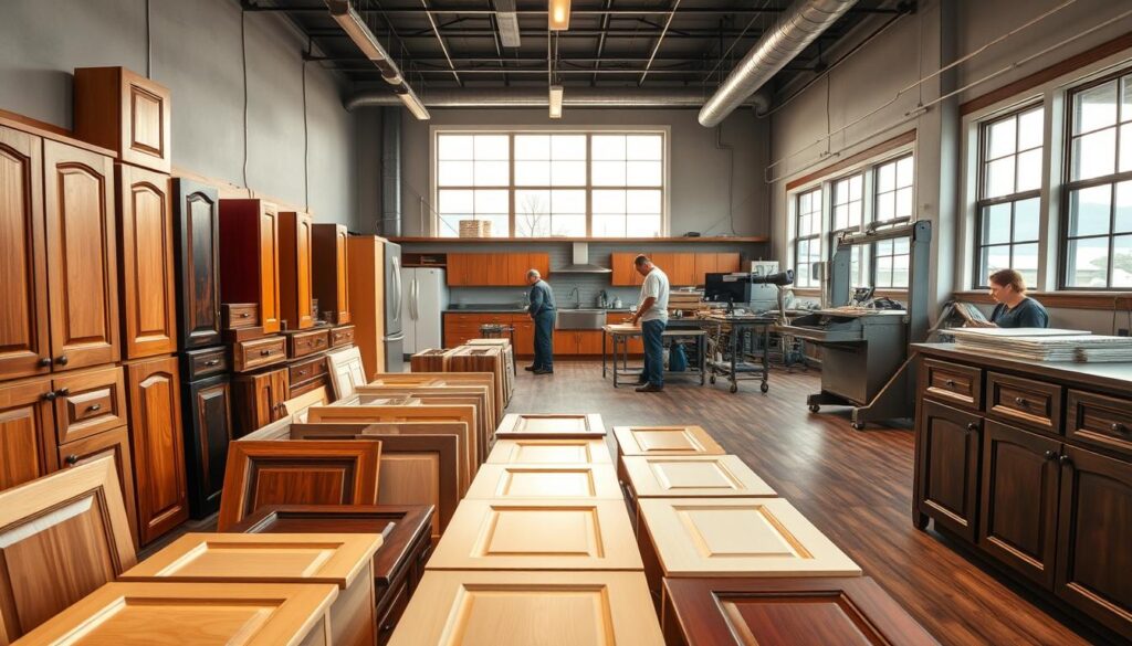 A high-quality, hyper-realistic image of a professional Calgary cabinet refinishing company's showroom. In the foreground, neatly arranged cabinet doors and drawer fronts showcase a variety of finishes and styles. In the middle ground, skilled technicians carefully inspect and prepare the cabinets for refinishing, while the background features a clean, modern workshop with state-of-the-art equipment. Warm, natural lighting from large windows casts a pleasant glow, highlighting the attention to detail and craftsmanship. The overall scene conveys a sense of professionalism, quality, and the company's ability to transform kitchen cabinets with a fresh, custom look.