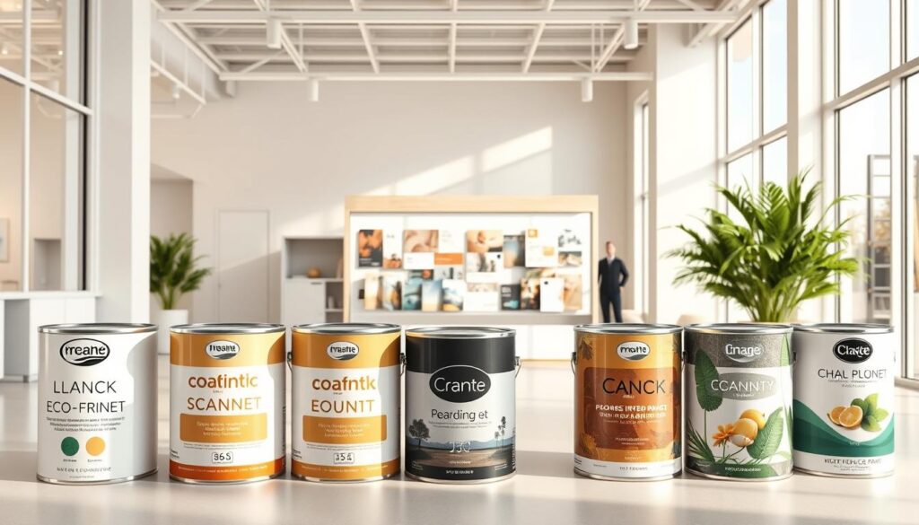 A high-quality, hyper-realistic image of several popular eco-friendly paint brands displayed prominently in a bright, well-lit showroom setting. The foreground features a row of paint cans in various earthy, muted tones with clearly visible brand logos and labels. The middle ground showcases a selection of paint samples and brochures on a sleek, modern display stand. The background depicts a minimalist, contemporary interior design with large windows letting in natural daylight, creating a warm, inviting atmosphere that emphasizes the eco-friendly, sustainable nature of the products. The image conveys a sense of professionalism, quality, and environmental consciousness.