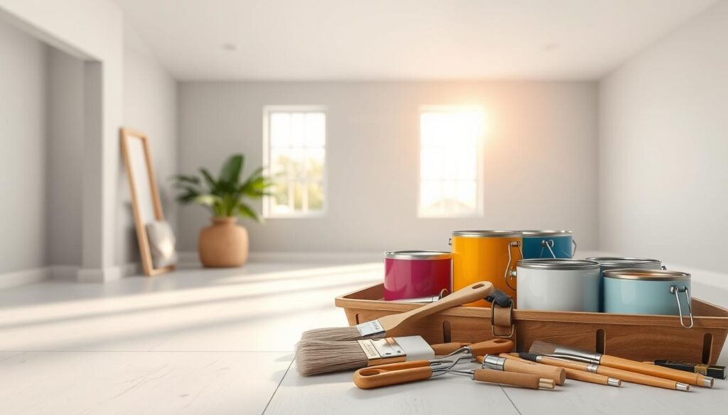 A highly detailed and hyper-realistic painting guide, with a clean, minimalist layout. In the foreground, a collection of professional painting tools - high-quality brushes, rollers, trays, and paint cans in various colors. The middle ground features an expansive, light-filled interior space with a large window, casting warm, natural lighting across the scene. The background showcases a serene, muted palette of soft gray walls, ready to be transformed. The overall mood is one of focused, practical guidance, inviting the viewer to envision their own home renovation project.