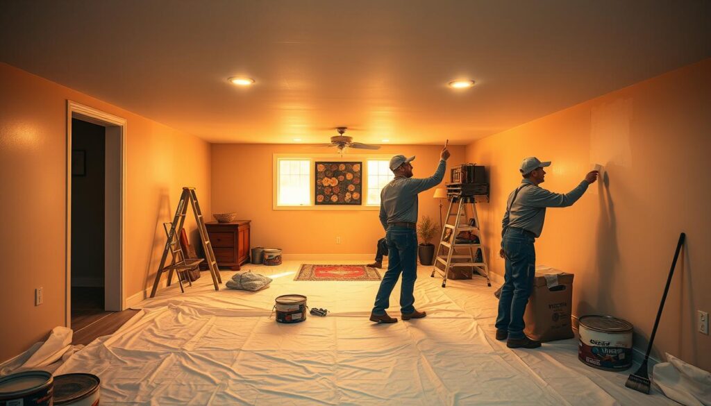 A hyper-real basement interior in Calgary, featuring expert basement painters hard at work. Warm, golden lighting casts a cozy glow, illuminating the skilled tradespeople diligently applying paint to the walls with precision brushstrokes. The room is spacious and well-organized, with pristine drop cloths protecting the floors. The painters wear professional attire, their faces focused as they transform the space. Hints of the homeowner's personal style can be seen in the tasteful decor and furnishings. An atmosphere of pride and craftsmanship pervades the scene, showcasing the expertise of these basement painting professionals.