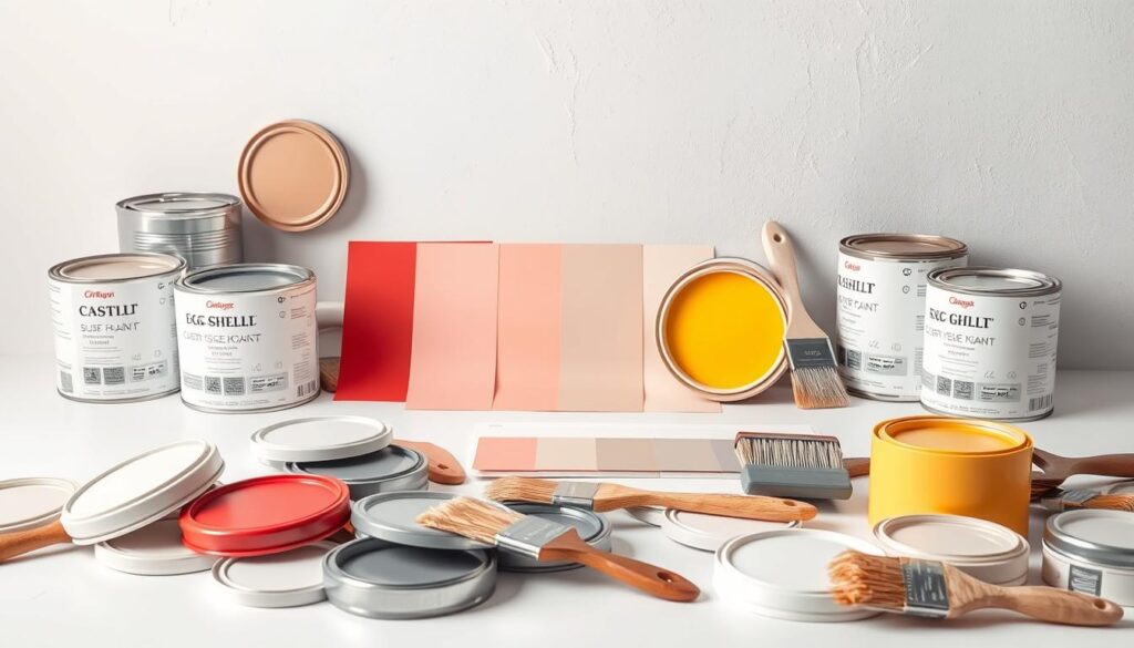 A hyper-real display of various paint types and finishes, meticulously arranged on a clean, white backdrop. The foreground showcases an array of paint cans, lids, and brushes, capturing the diverse textures and sheen of eggshell, satin, semi-gloss, and matte paints. The middle ground features paint swatches, neatly displayed, highlighting the range of color tones and shades suitable for interior walls. In the background, a soft, diffused lighting creates a sense of depth and emphasizes the subtle nuances of each paint finish. The overall composition conveys a professional, informative, and visually appealing representation of the essential paint types and finishes for transforming Calgary's interior walls.