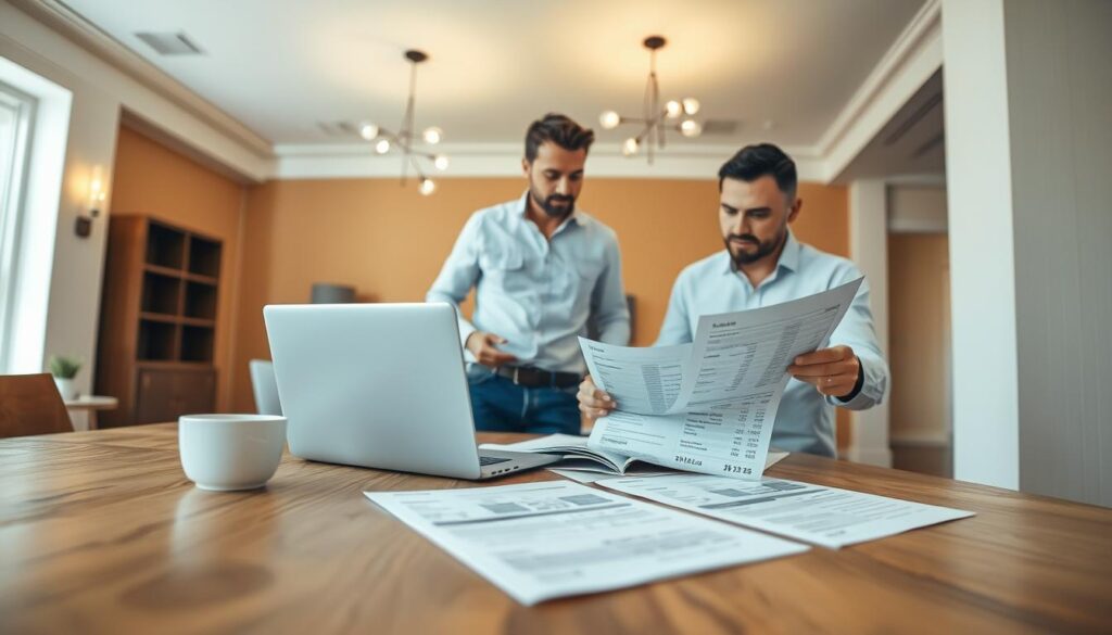 A hyper-realistic ceiling painting cost estimate scene in Calgary, featuring a homeowner reviewing detailed invoices and estimates with a professional painter. The foreground showcases an oak wood table with a laptop, paperwork, and a cup of coffee. The middle ground depicts the painter, wearing a crisp white shirt and jeans, gesturing towards the estimates. The background shows the bright, airy room with high ceilings, modern light fixtures, and warm neutral wall tones. The lighting is soft and diffused, creating a tranquil, professional atmosphere. The camera angle is slightly elevated, providing a comprehensive view of the interaction and the room's design elements.