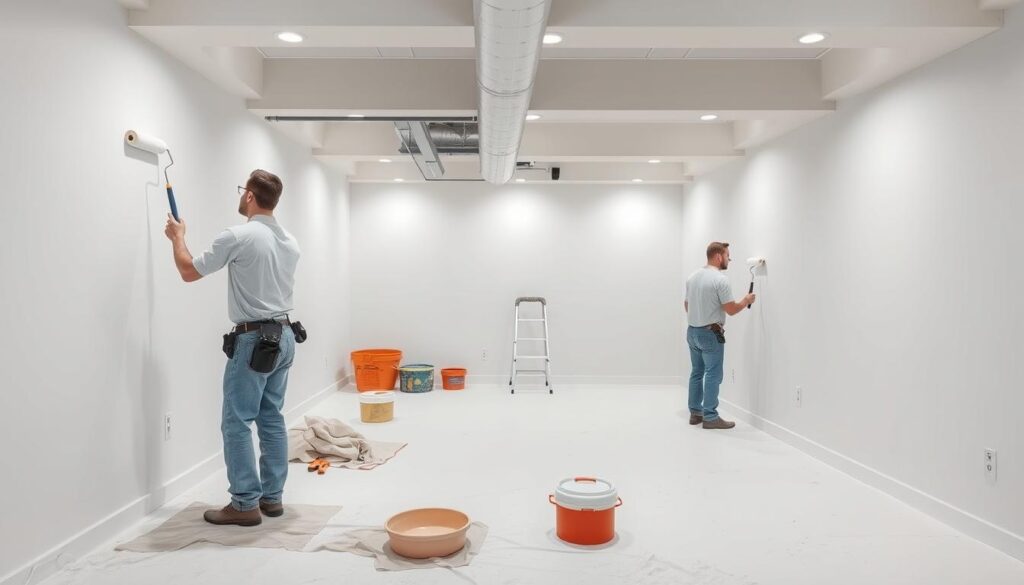 A hyper-realistic, high-resolution image of a professional basement painting crew at work in a Calgary home. The scene depicts a well-lit, spacious basement with a clean, modern aesthetic. In the foreground, two skilled painters meticulously apply a fresh coat of premium white paint to the walls using high-quality rollers and brushes. The middle ground showcases a neatly organized workspace with drop cloths, paint trays, and other professional tools. In the background, the basement's exposed beams and ductwork are visible, conveying a sense of the room's full transformation. The lighting is soft and even, highlighting the smooth, uniform finish of the painted surfaces. The overall atmosphere is one of efficiency, craftsmanship, and a commitment to delivering a polished, high-quality basement painting service.