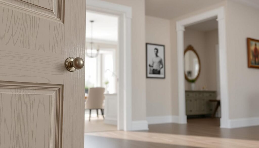 A hyper-realistic image of a Calgary home's interior door, showcasing various cost factors for painting. The door occupies the foreground, with a detailed examination of its texture, materials, and condition. The middle ground features a well-lit, bright room with natural lighting filtering through windows, highlighting the door's placement and color palette. The background subtly suggests the broader home's architectural style and décor, providing context for the painting project. The image conveys a sense of professionalism and attention to detail, crucial for homeowners considering door painting services in Calgary.