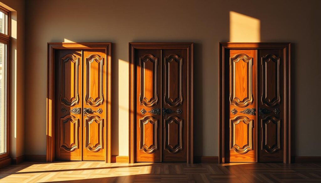 A hyper-realistic interior scene showcasing a vibrant, textured painting of ornate wooden doors against a backdrop of a modern Calgary home. The doors are the focal point, with intricate details and a rich, glossy finish that captures the light. The room's layout is minimalist, allowing the doors to take center stage. Warm, directional lighting from large windows casts dramatic shadows, accentuating the depth and craftsmanship of the doors. The walls are a neutral, earthy tone, complementing the warm tones of the wood. The overall atmosphere is one of refined elegance and attention to detail, highlighting the art of interior door painting.