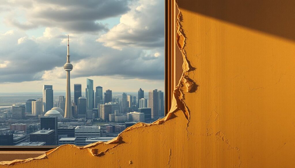 A hyper-realistic painting depicting the unique painting challenges posed by Calgary's climate. In the foreground, a section of an interior wall shows the effects of Calgary's extreme temperature swings and dry air - cracking, peeling paint, and uneven textures. The middle ground reveals a cityscape through a window, with the iconic Calgary Tower visible, surrounded by a hazy, smoggy atmosphere. In the background, dramatic clouds loom, hinting at the unpredictable weather that can disrupt painting projects. The lighting is dramatic, with warm, golden tones highlighting the textural details of the wall, while the distant cityscape is bathed in cool, moody shadows. The overall scene conveys the sense of the formidable obstacles Calgary's climate poses for interior wall painting.