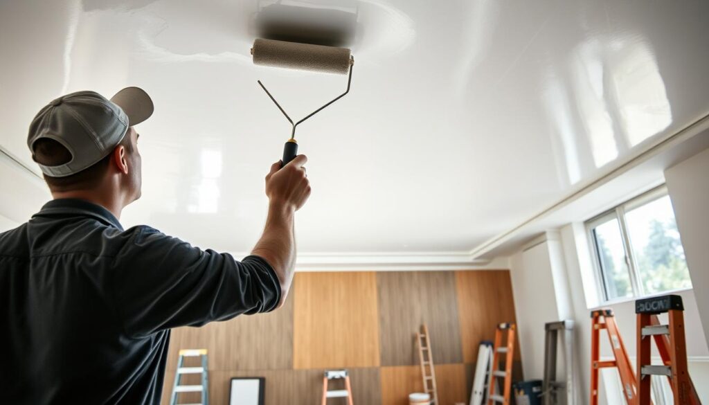 A hyper-realistic scene of a ceiling painting process in progress. The foreground shows a skilled painter carefully applying paint with a roller, their movements captured in sharp detail. The middle ground reveals the freshly painted ceiling, the glossy white paint reflecting the natural light from large windows. In the background, ladders, paint trays, and other tools are neatly organized, conveying a sense of professionalism and order. The lighting is soft and natural, casting gentle shadows that accentuate the textures of the materials. The overall atmosphere is one of focused concentration and pride in the craft of professional ceiling painting.