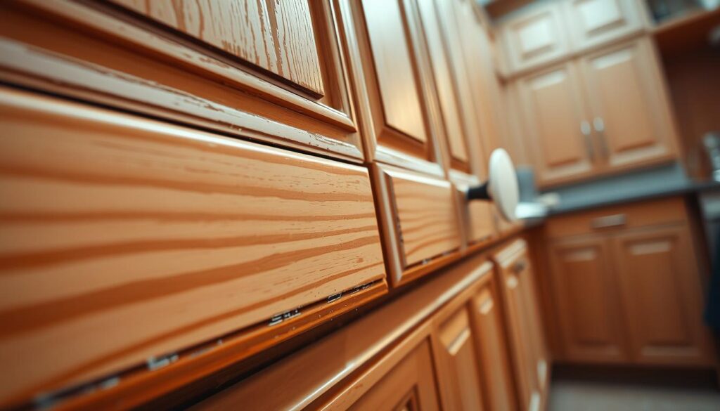 A kitchen cabinet painting process in Calgary, Alberta, Canada. Detailed close-up view of the various stages, from sanding and priming to the final coats of paint. Warm, natural lighting highlights the intricate textures and brushstrokes. The scene is captured from a low, slightly angled perspective, creating a sense of depth and emphasizing the meticulous work involved. The overall mood is one of craftsmanship and attention to detail, reflecting the care and expertise required to transform worn cabinets into a fresh, renewed appearance.