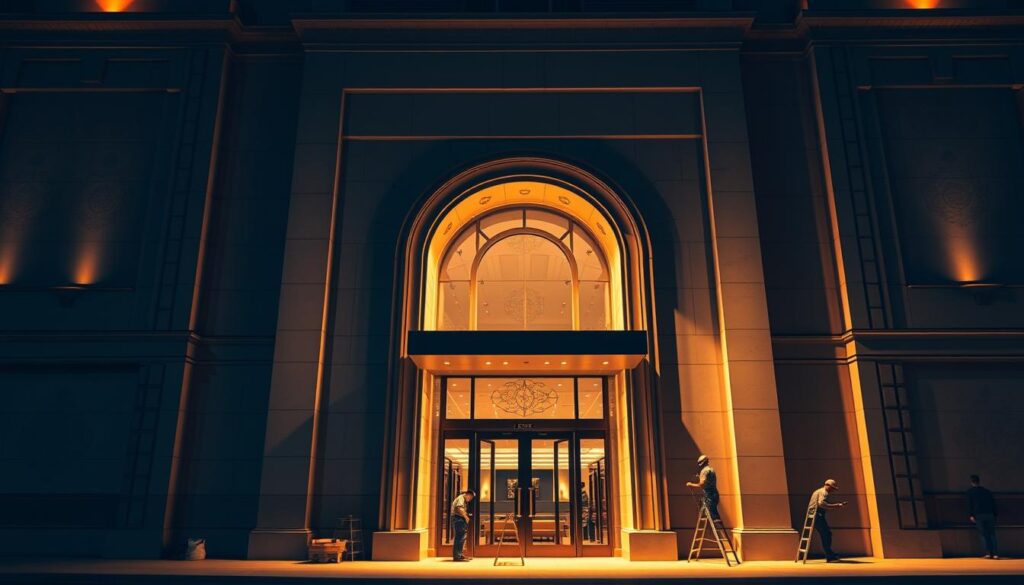 A large commercial building facade, illuminated by warm, directional lighting that casts dramatic shadows. The front entrance is adorned with intricate architectural details and framed by a sleek, contemporary design. The exterior walls are meticulously painted in a neutral, earthy palette, with a subtle sheen that reflects the light. In the foreground, a group of workers are diligently applying paint to the walls, their brushstrokes blending seamlessly into the surface. The scene conveys a sense of professionalism, attention to detail, and a commitment to delivering high-quality commercial painting services.