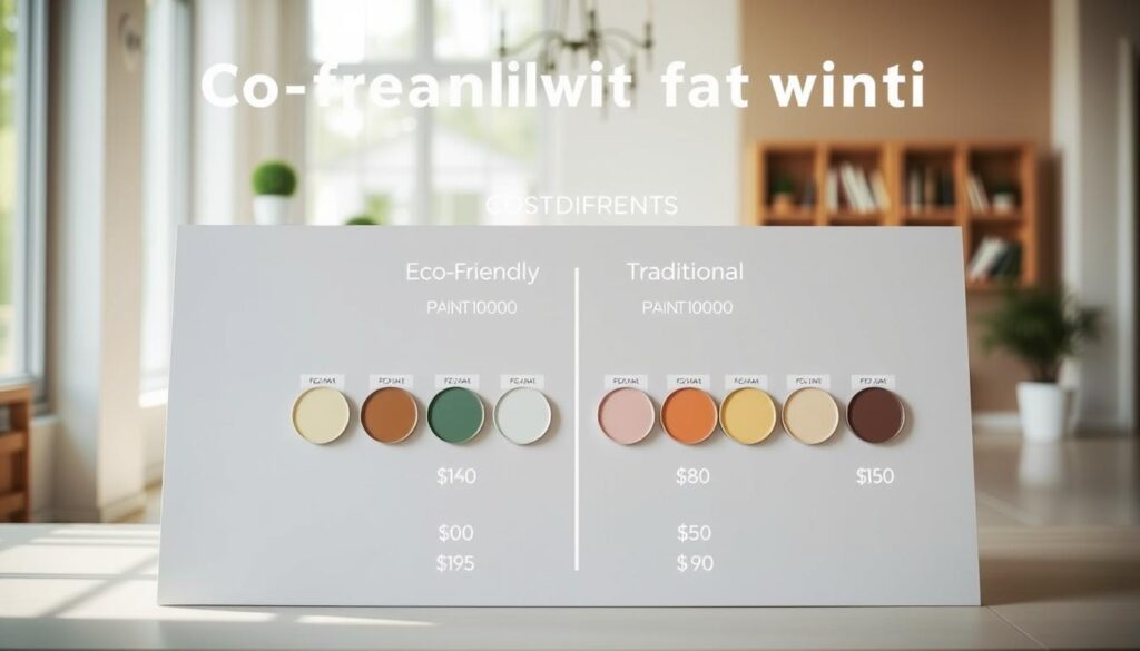 A meticulously crafted comparison chart displaying the cost differences between eco-friendly and traditional paint options. The foreground features a sleek, minimalist design with clean lines and a neutral color palette, highlighting the key details. The middle ground showcases various paint samples, each labeled with their respective prices, arranged in a visually striking manner to emphasize the contrast. The background is a softly blurred interior scene, suggesting the practical application of these paints. Bright, natural lighting illuminates the display, creating a sense of clarity and professionalism. The overall atmosphere conveys a balanced, informative, and visually appealing presentation of the cost considerations for eco-friendly paint choices.