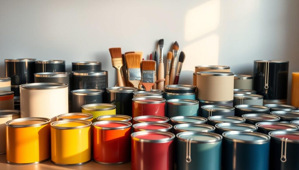 A meticulously curated collection of premium paint products, expertly arranged in a visually captivating display. The foreground showcases an array of sleek, high-quality paint cans in a sophisticated color palette, their surfaces reflecting the warm, diffused lighting. In the middle ground, brushes of various sizes and shapes are neatly organized, conveying a sense of professional-grade tools. The background features a clean, minimalist backdrop, allowing the products to take center stage. The overall composition exudes a sense of quality, attention to detail, and a commitment to excellence in the world of painting solutions.