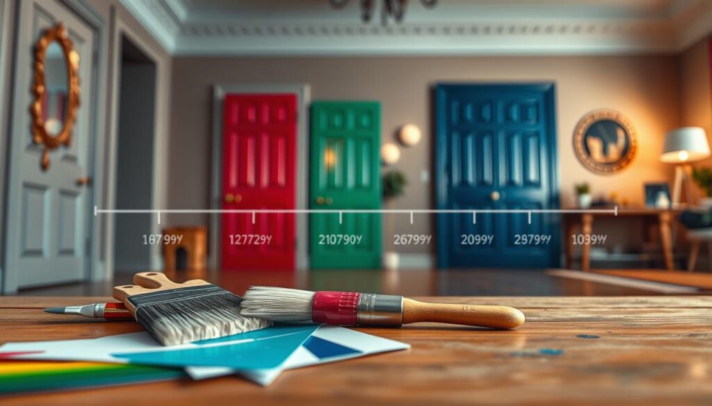 A meticulously detailed timeline of a door painting project, showcased in a hyper-realistic rendering. In the foreground, vibrant paint swatches and brushes artfully arranged, highlighting the creative process. The middle ground depicts the step-by-step transformation, from sanding and priming to the final glossy coats, captured with cinematic lighting and depth of field. In the background, a warm, inviting interior setting provides context, with strategic camera angles and composition guiding the viewer's eye through the timeline narrative. The overall atmosphere exudes a sense of craftsmanship, professionalism, and the rewarding journey of transforming a simple door into a work of art.