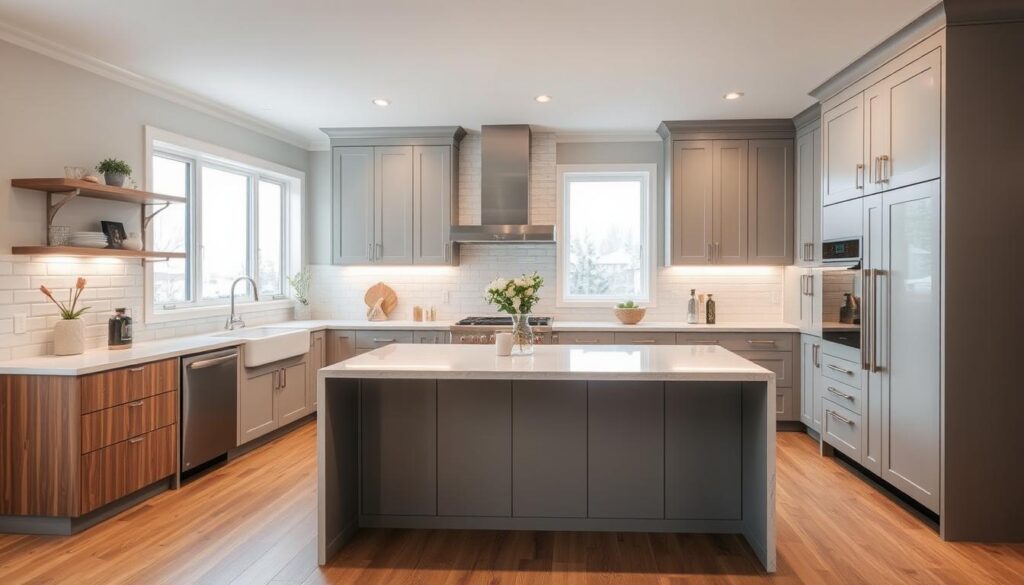 A modern and meticulously designed Calgary kitchen, featuring a stunning cabinet makeover. The sleek, shaker-style cabinets in a soft gray hue are the centerpiece, complemented by warm wood accents and a bright, airy atmosphere. Ample task lighting casts a gentle glow, while large windows allow natural light to flood the space. The backsplash tiles create a subtle pattern, adding visual interest. The kitchen island stands as a functional and stylish centerpiece, with a quartz countertop that reflects the room's refined aesthetic. The overall impression is one of a harmonious, high-end kitchen renovation that effortlessly blends form and function.