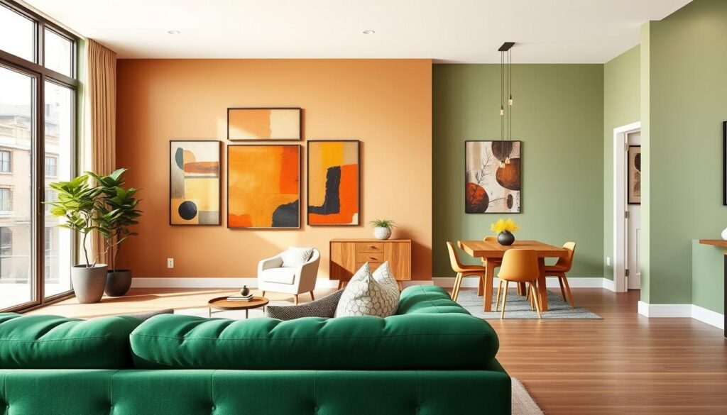 A modern, inviting Calgary interior with vibrant, on-trend wall colors. The foreground features a spacious living room with natural light streaming through large windows, highlighting a plush sofa in a rich emerald green. The middle ground showcases a stylish gallery wall of abstract art in warm ochre and terracotta tones. The background depicts a cozy dining nook with a wooden table and chairs, the walls painted in a soothing sage green. The overall scene evokes a sense of sophisticated, yet cozy urban living, showcasing the latest color palettes popular in Calgary homes. Hyper-realistic rendering with meticulous attention to lighting, textures, and details.
