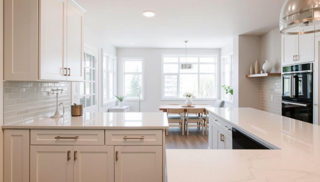 A modern, well-lit Calgary kitchen featuring an elegant cabinet makeover. The foreground showcases a pristine white shaker-style cabinet with brushed nickel hardware, complemented by a sleek quartz countertop. In the middle ground, a gleaming subway tile backsplash in a soft gray hue adds texture and depth. The background reveals a spacious, open-concept layout with abundant natural light streaming in through large windows, creating a bright and airy atmosphere. The overall aesthetic is one of timeless sophistication, perfectly capturing the essence of a contemporary Calgary kitchen renovation.