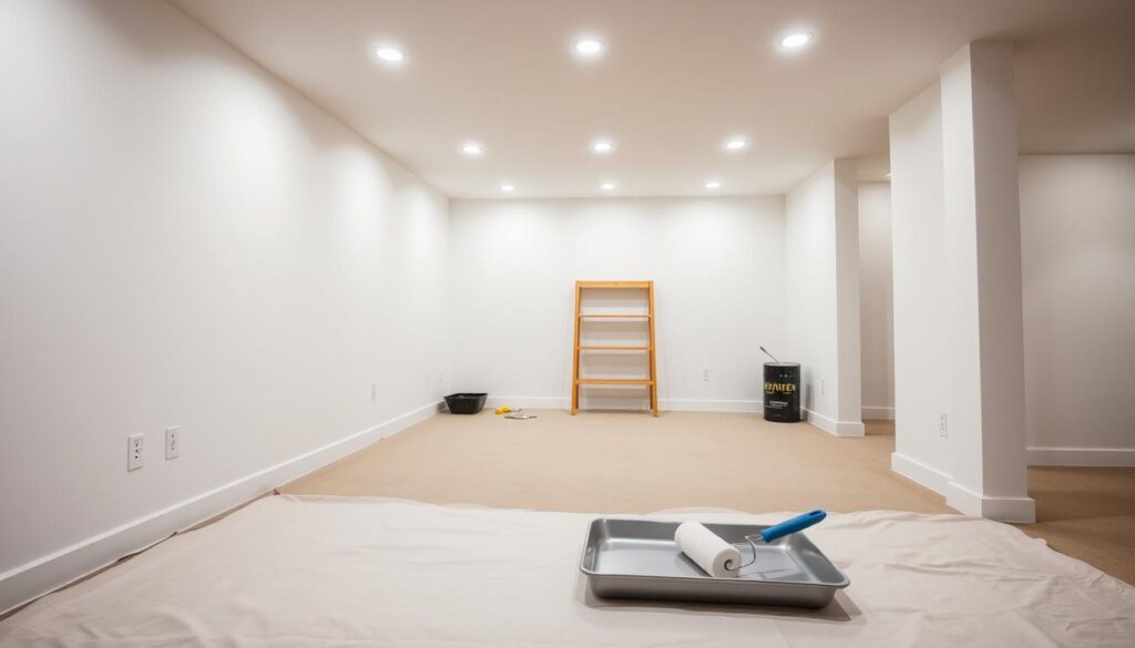 A modern, well-lit basement interior with a fresh, clean coat of affordable, high-quality paint covering the walls. The paint sheen is satin or eggshell, providing a soft, uniform finish that bounces light evenly across the space. In the foreground, a roller and tray sit on a dropcloth, ready for the next section. The middle ground showcases an uncluttered, organized workspace with basic painting supplies. The background depicts a spacious, inviting basement, ready to be transformed into a functional living area. The overall scene conveys a sense of efficiency, cost-effectiveness, and the potential for an enhanced lower-level living experience.