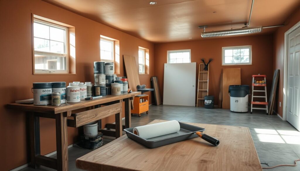 A modern, well-lit basement workshop in Calgary, Alberta. The walls are painted in a warm, earthy tone that complements the cool concrete floor. Natural light floods the space through large windows, casting a soft, diffused glow. A variety of painting tools and supplies are neatly organized on a sturdy wooden workbench. In the foreground, a paint roller and tray sit ready for use, while the background showcases a selection of high-quality paint cans in various shades of gray, blue, and beige. The scene conveys a sense of productivity, attention to detail, and an appreciation for the unique character of a Calgary basement space.