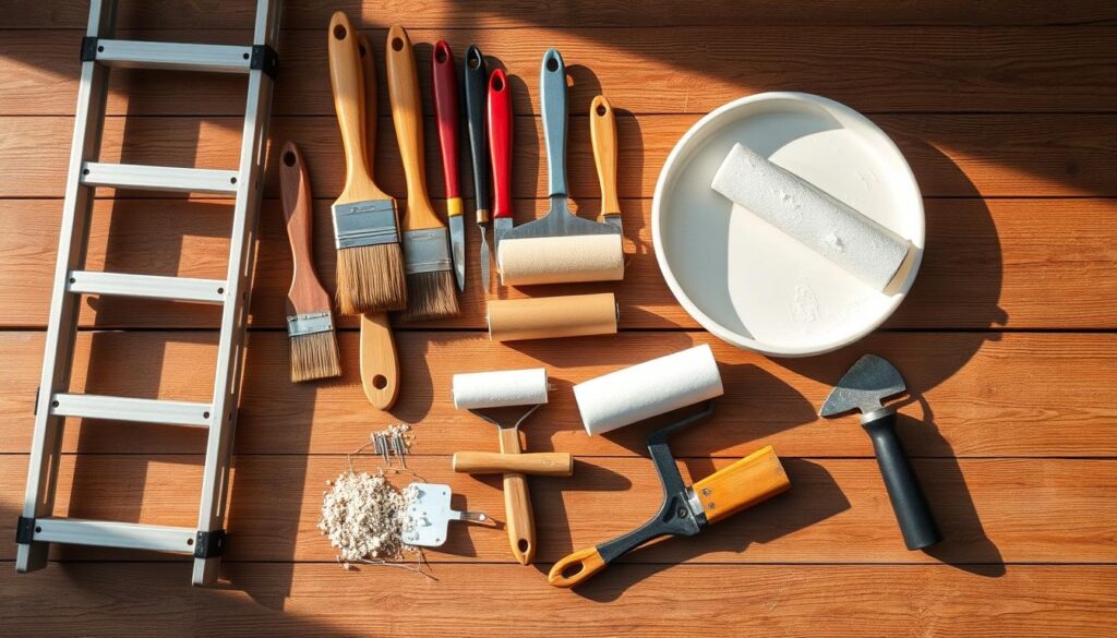 A neatly arranged collection of high-quality exterior painting tools, including a sturdy ladder, a variety of paintbrushes and rollers, a paint tray and roller, a paint scraper, and a putty knife, all resting on a smooth, textured wooden surface. The tools are bathed in warm, natural light, casting gentle shadows that add depth and dimensionality to the scene. The overall atmosphere is one of professional, meticulous preparation, setting the stage for a successful exterior house painting project.