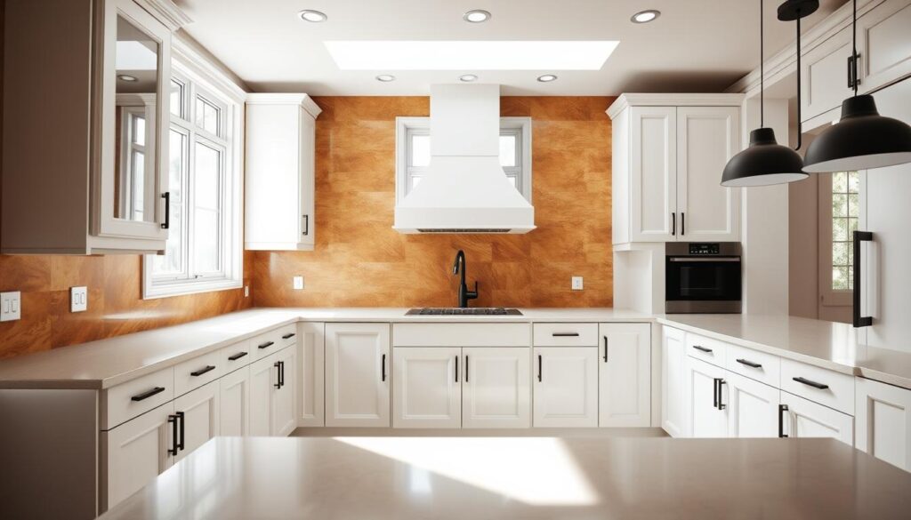 A neatly organized kitchen with pristine white cabinets against a warm, earthy-toned backsplash. The cabinets have a fresh, glossy sheen, reflecting the natural light streaming in through large windows. The countertops are a sleek, modern quartz in a neutral tone, complementing the cabinet color. Minimalist hardware in a matte black finish adds a touch of sophistication. The lighting is a mix of recessed ceiling fixtures and pendant lamps, casting a soft, even glow throughout the space. The overall atmosphere is one of clean, contemporary elegance, ready to be the centerpiece of a kitchen transformation.