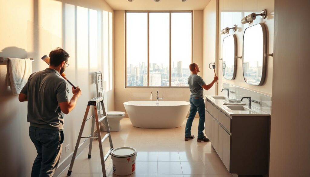 A professional bathroom painting crew hard at work in a spacious Calgary interior. In the foreground, two skilled painters carefully apply a fresh coat of moisture-resistant paint to the walls, their brushstrokes smooth and precise. The middle ground reveals the bathroom's gleaming fixtures and modern tile flooring, while the background showcases the city's skyline visible through a large window. Warm, natural lighting illuminates the scene, creating a sense of brightness and cleanliness. The atmosphere conveys the expertise and attention to detail required for a successful bathroom makeover in Calgary's humid climate.
