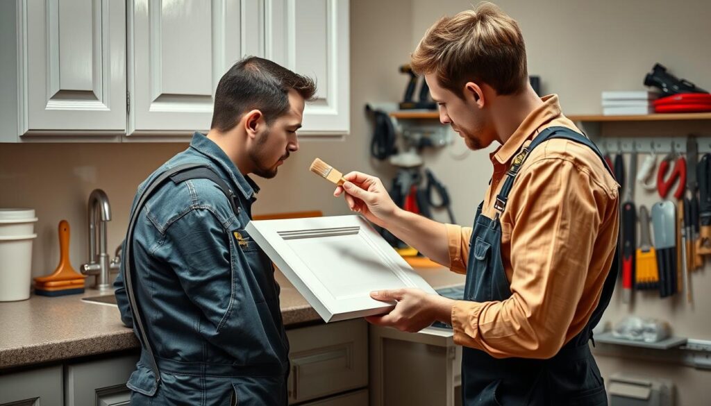 A professional cabinet painter in Calgary, dressed in work overalls, meticulously applying a smooth, high-quality paint finish to a set of kitchen cabinets. The scene is well-lit, with soft, directional lighting that accentuates the cabinet's intricate details and the painter's skilled brushwork. The background showcases a tidy, organized workspace, with an array of painting tools and materials neatly arranged, conveying a sense of professionalism and attention to detail. The overall atmosphere is one of expertise, efficiency, and a commitment to delivering exceptional results for the homeowner.