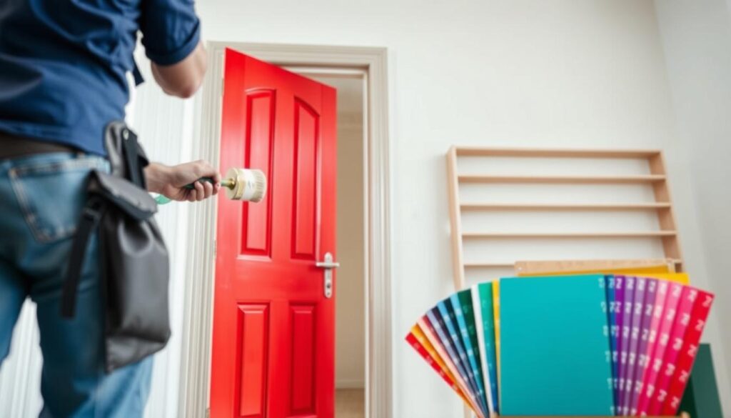 A professional door painting service, set against a backdrop of a well-lit, modern interior. In the foreground, a skilled painter meticulously applies a rich, vibrant hue to a wooden door, capturing the essence of color selection for interior doors. The middle ground features an array of color swatches, showcasing a diverse palette of options. The background depicts a clean, minimalist space, highlighting the importance of thoughtful color choices in creating a harmonious and visually appealing environment. The scene is captured with a sharp, high-resolution lens, emphasizing the attention to detail and craftsmanship of the service. The overall mood is one of professionalism, expertise, and a keen eye for design.