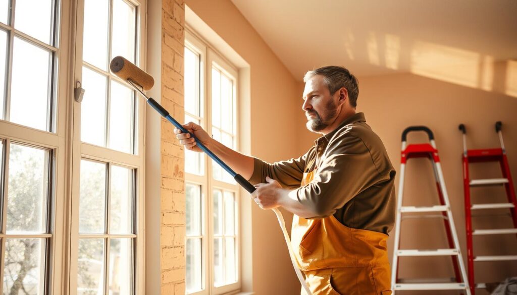 A professional painter stands in a well-lit room, carefully brushing stucco-textured walls with a high-quality paint roller. Sunlight streams through large windows, casting warm shadows across the scene. The painter's expression is focused, their movements precise and efficient. In the background, a set of ladders and painting supplies are neatly organized, hinting at the meticulous preparation required for a high-quality stucco painting job. The overall atmosphere conveys a sense of expertise, attention to detail, and the pride of a skilled craftsperson transforming a home's exterior.