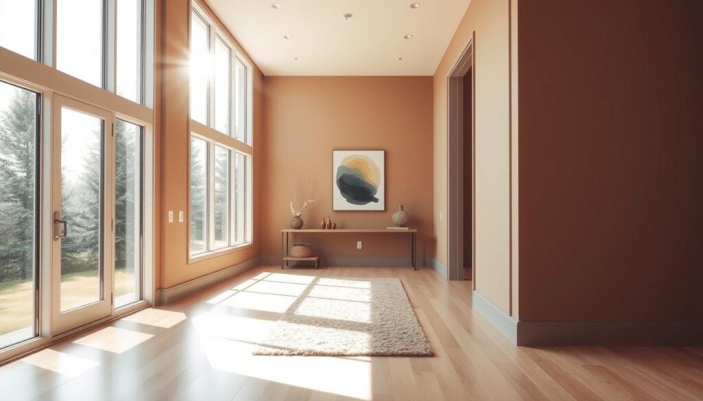 A radiant hallway in a modern Calgary home, bathed in warm, natural light that filters through large windows. The walls are painted in a soothing, earthy tone, complemented by sleek, minimalist trim in a soft gray. The floor is a pale, honey-toned hardwood that reflects the light, creating a sense of openness and tranquility. Carefully placed artwork and a plush, textured runner add subtle pops of color, guiding the eye towards the inviting entryway. The overall aesthetic is one of refined elegance, designed to evoke a sense of calm and balance, perfectly capturing the psychology of color in this transitional space.
