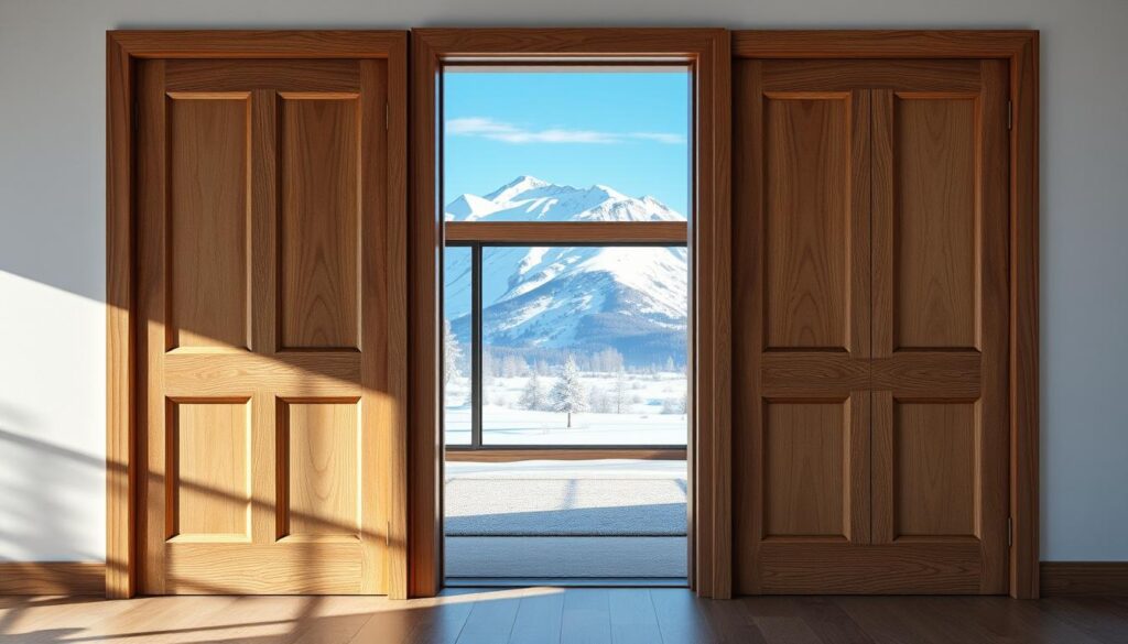 A realistic, high-resolution image of two wooden interior doors in a modern Calgary home, set against a backdrop of snowy mountains and a clear blue sky. The doors are positioned in the foreground, with a focus on the intricate wood grain and the subtle play of light and shadow across their surfaces. The middle ground features a cozy, minimalist living room, complete with a large window that provides a panoramic view of the stunning mountain landscape. The background is bathed in a soft, diffused natural light, creating a warm and inviting atmosphere that captures the essence of Calgary's climate and the importance of thoughtful door selection for interior design.