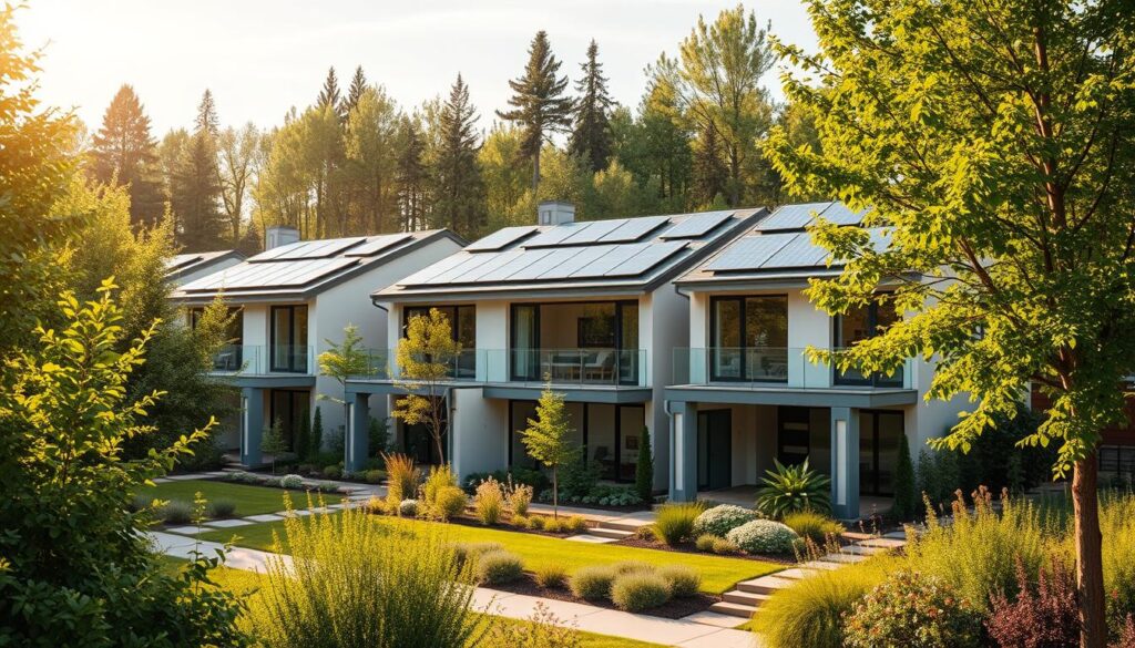 A row of modern, energy-efficient homes nestled in a lush, verdant neighborhood in Calgary, Alberta. The sleek, minimalist exteriors feature solar panels, sustainable building materials, and large windows that flood the interiors with natural light. Carefully manicured gardens and lush, native flora surround the properties, creating a serene, eco-friendly oasis. Sunlight filters through the trees, casting a warm, golden glow over the scene. The homes are depicted in a hyper-realistic style, showcasing the architectural details and environmental integration with vivid clarity.