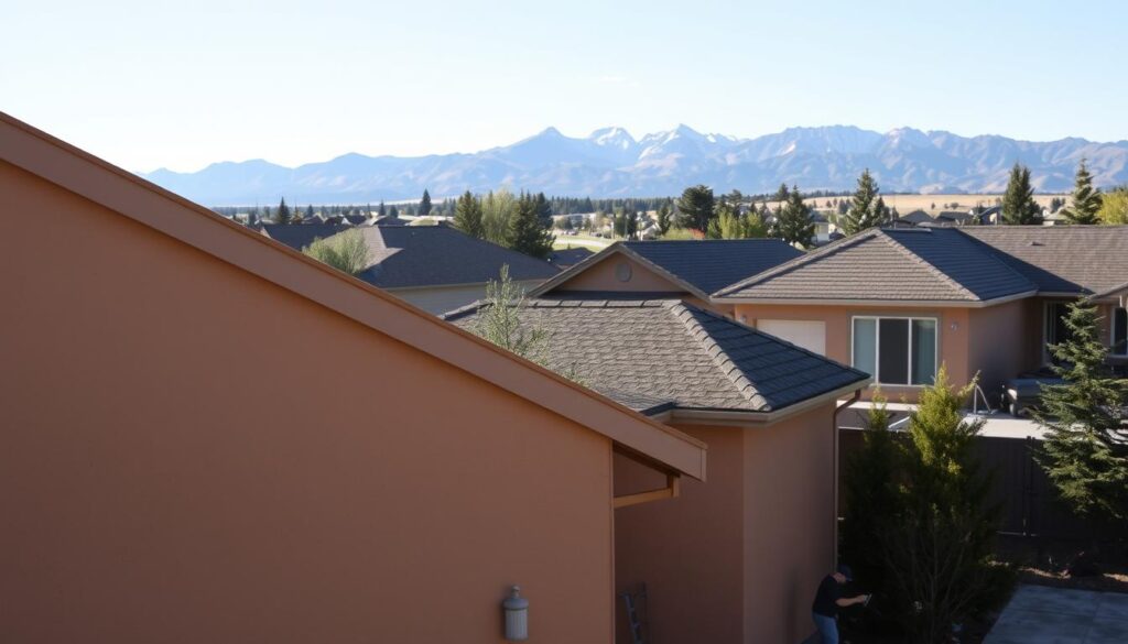 A serene, sun-drenched scene of a residential neighborhood in Calgary, Canada. In the foreground, a freshly stuccoed house gleams with a smooth, textured finish, the warm hues of the stucco casting a soft, natural glow. The middle ground reveals carefully prepped and primed surfaces, as workers carefully apply the stucco with precise, even strokes. In the background, a picturesque mountain range looms, its rugged peaks contrasting with the delicate, refined texture of the stucco work. The lighting is crisp and natural, casting long shadows and highlighting the intricate details of the stucco application process. An atmosphere of skilled craftsmanship and pride in home improvement permeates the scene.