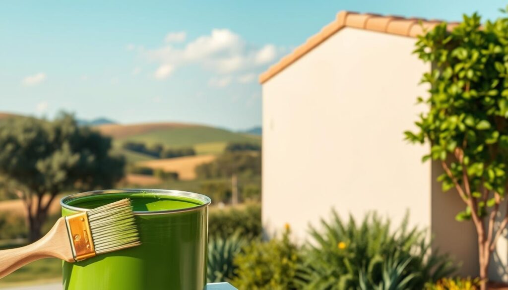 A serene, sun-drenched scene showcasing eco-friendly paint options for stucco exteriors. In the foreground, an open paint can reveals a vibrant, earthy green hue, its brushstrokes textured and natural. Mid-ground, a freshly painted stucco wall glistens, its surface smooth and uniform, complemented by lush, verdant foliage. The background depicts a tranquil, pastoral landscape, with rolling hills and a cloudless azure sky, conveying a sense of harmony and sustainability. Soft, warm lighting illuminates the scene, highlighting the paint's organic qualities and the overall eco-friendly aesthetic. Hyper-realistic rendering captures the nuances of the materials, textures, and natural elements, creating a visually compelling and environmentally conscious composition.