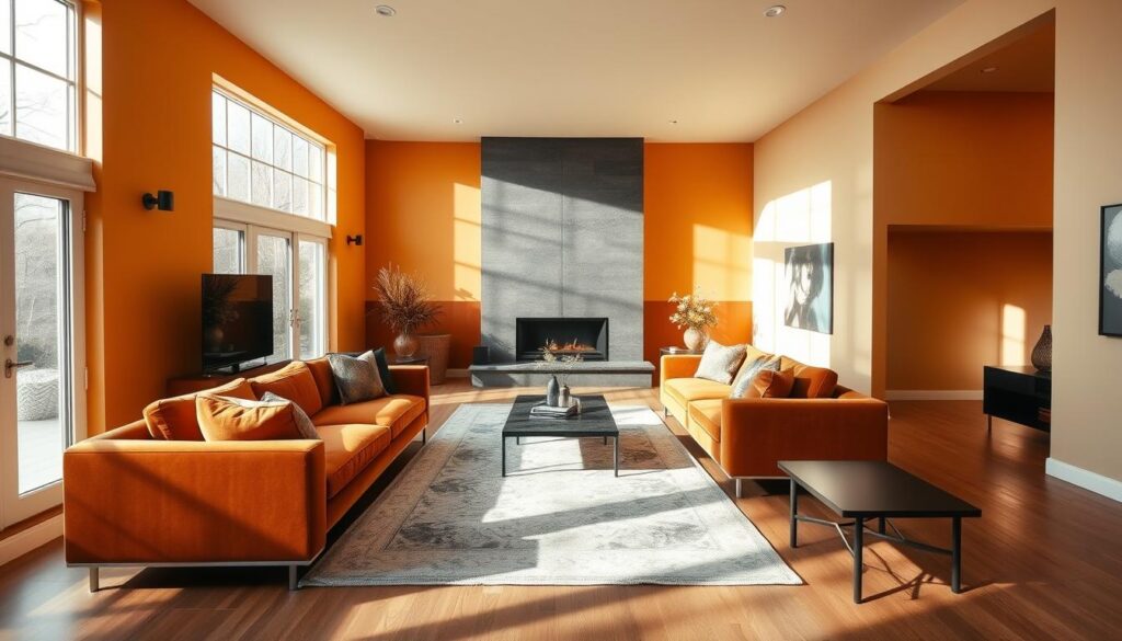 A spacious modern living room, bathed in warm natural light filtering through large windows. The walls, previously drab and lifeless, now radiate with a fresh coat of vibrant, earthy paint that seamlessly blends with the room's refined furnishings. Plush velvet sofas and a statement area rug anchor the space, complemented by sleek wooden accents and a striking fireplace feature wall. Subtle shadows dance across the rejuvenated surfaces, highlighting the depth and texture of the paint. The entire scene exudes a sense of calm, comfort, and thoughtful design, inviting the viewer to imagine the transformation of their own living spaces.