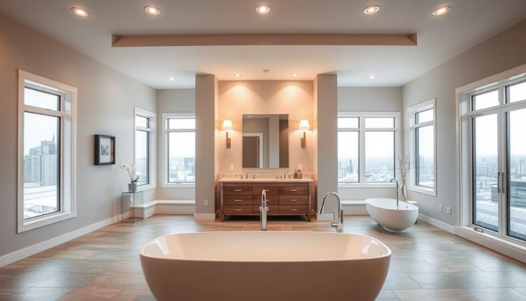 A spacious, well-lit bathroom interior in a modern Calgary home. The foreground features a large, freestanding bathtub with sleek, minimalist design. The walls are adorned with a soft, muted paint color that complements the natural stone tiles on the floor. Diffused lighting from recessed ceiling fixtures casts a warm, inviting glow throughout the space. In the middle ground, a vanity with a marble countertop stands elegantly, flanked by stylish sconce lighting. The background showcases large windows that frame a scenic city skyline view, allowing natural light to flood the room. The overall atmosphere is one of tranquility, comfort, and sophisticated design, capturing the unique considerations for bathroom painting in Calgary's humid climate.