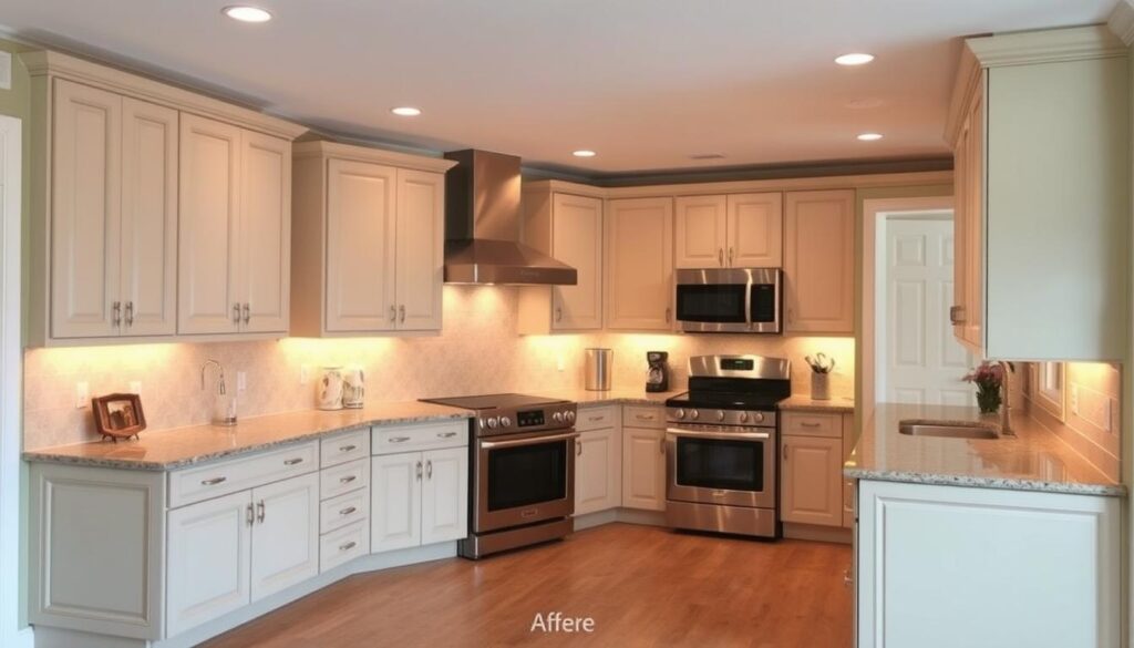 A spacious, well-lit kitchen with freshly painted cabinets in a harmonious color palette. The cabinets have a sleek, modern finish, complementing the stainless steel appliances and natural stone countertops. Warm, directional lighting casts a soft glow, highlighting the subtle textures and details of the cabinetry. The kitchen's layout is open and inviting, with ample space for both cooking and casual dining. The overall atmosphere is one of sophistication and functionality, reflecting the homeowner's style and the successful coordination of this kitchen update.