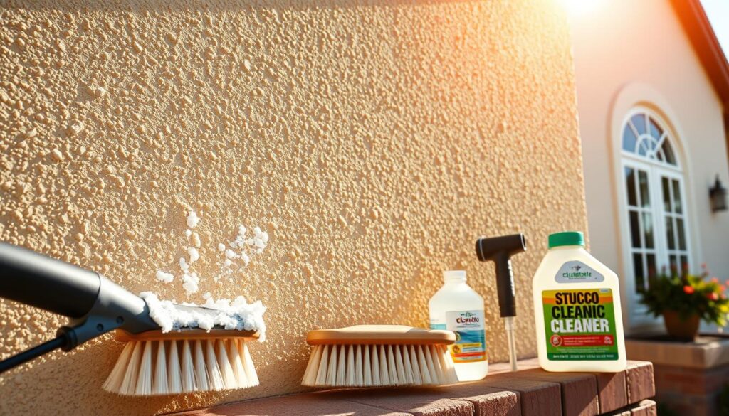 A spotless stucco facade, sunlight streaming across its textured surface, casting soft shadows that highlight the intricate patterns. In the foreground, a professional-grade stucco cleaning brush meticulously scrubbing away grime, revealing the vibrant underlying colors. The middle ground showcases a range of stucco maintenance tools - a high-pressure washer, a stiff-bristled scrub brush, and a specialized stucco cleaner solution. The background features a well-maintained stucco-clad home, its exterior glowing with a renewed, pristine finish. The scene conveys a sense of diligence, care, and the satisfaction of restoring a stucco surface to its former glory.