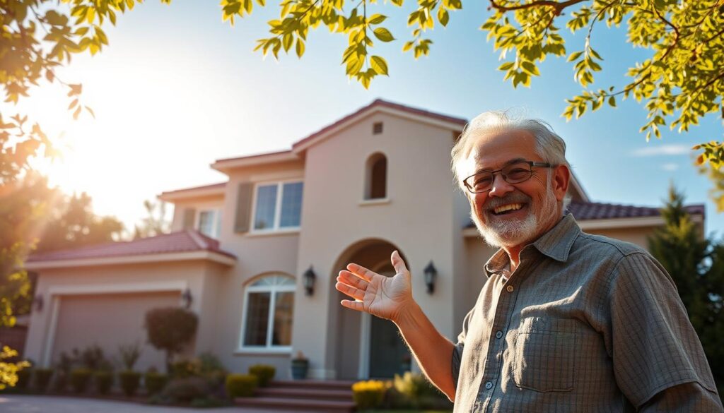 A stucco-clad home stands proud in the warm, golden light of the afternoon sun. In the foreground, a smiling homeowner gestures warmly, sharing their positive experience with the skilled stucco painters who transformed their residence. The middle ground showcases the meticulously textured, uniform stucco finish, its subtle hues and shadows creating a sense of depth and dimension. In the background, lush greenery and a vibrant blue sky frame the scene, conveying a serene, inviting atmosphere. The image is hyper-realistic, capturing every intricate detail with exceptional clarity and photographic realism.