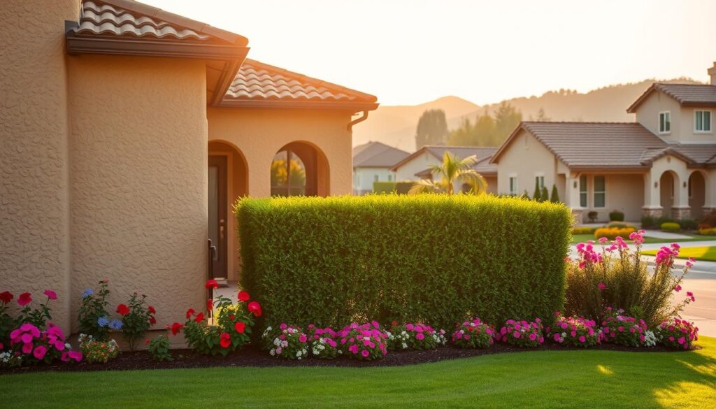 A stucco-clad house with a well-manicured lawn and vibrant flower beds in the foreground. The sun casts a warm, golden glow across the textured exterior, highlighting the intricate patterns and natural tones of the stucco. In the middle ground, a neatly trimmed hedge frames the entryway, inviting visitors to explore. The background features a picturesque neighborhood with similar well-maintained homes, creating a sense of community and pride of ownership. The overall scene conveys a feeling of cozy, inviting curb appeal that would inspire the homeowner to update their own property.