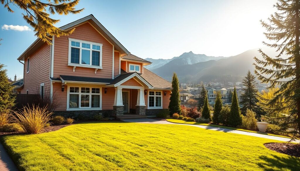 A stunning exterior of a well-maintained house in Calgary, showcasing the benefits of professional painting services. The façade is bathed in warm, golden sunlight, highlighting the vibrant and meticulously applied paint. The foreground features a neatly manicured lawn and a paved driveway, leading the viewer's gaze towards the house. In the middle ground, detailed textures and intricate brushwork bring the painted surfaces to life, with a crisp, hyper-realistic quality. The background reveals a picturesque urban landscape, with towering mountains in the distance, emphasizing the house's integration within the local environment. The overall scene exudes a sense of pride, quality, and the lasting protection that professional painting can provide for a homeowner's investment.
