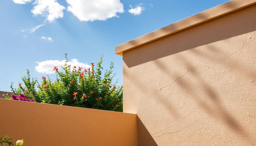 A sun-dappled Calgary stucco facade, awash in warm tones as the seasons change. In the foreground, textured stucco panels in a soft beige hue, their surfaces gently undulating. Shadows cast by wispy clouds drift across the wall, adding depth and dimension. In the middle ground, a lush, verdant garden complements the earthy tones, with vibrant flowers and foliage creating a picturesque contrast. The background reveals a clear, azure sky, with just a hint of fluffy white clouds. Lighting is natural and diffused, casting a gentle, golden glow that accentuates the stucco's tactile surface. The overall scene exudes a sense of warmth, tranquility, and the ephemeral beauty of the changing seasons.