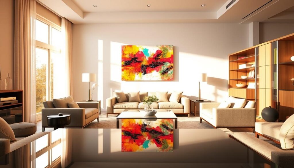 A sunlit living room, the warm glow of natural light filtering through large windows, illuminating a crisp, modern interior. In the foreground, a glass-topped coffee table reflects the vibrant hues of an abstract painting hanging on the wall, its vibrant brushstrokes and bold colors commanding attention. Neutral-toned sofas and armchairs provide a sophisticated backdrop, while sleek, minimalist shelving units flank the painting, hinting at the potential cost factors involved in creating this harmonious, high-end aesthetic. The scene exudes a sense of tranquility and refined elegance, capturing the essence of a luxurious living space and the considerations that go into its painting costs.